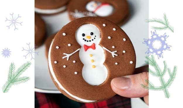 Печенье на праздничный стол в виде снеговика с маршмэллоу
